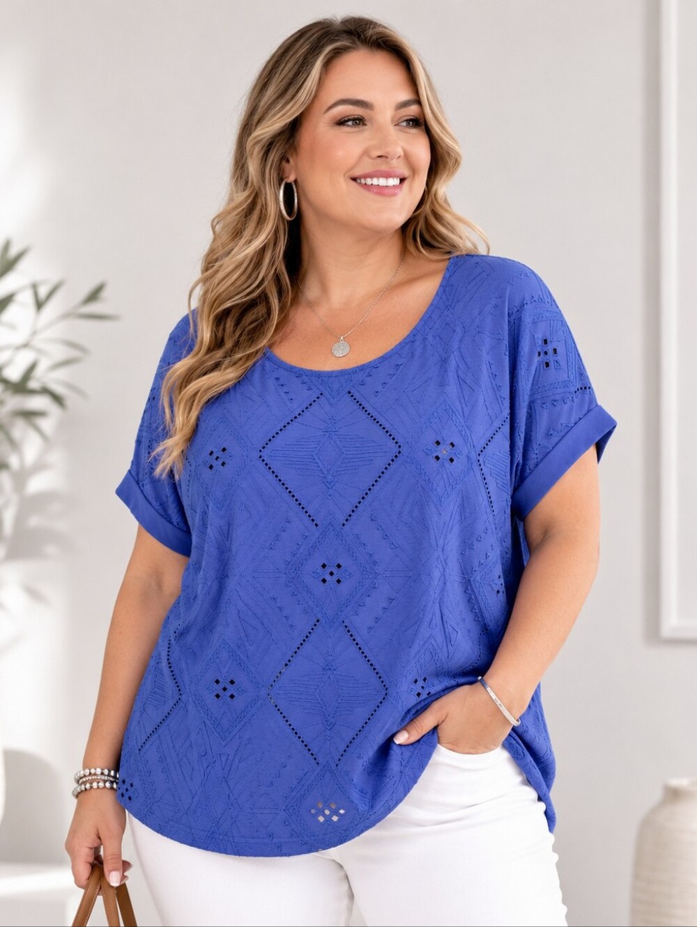 Attitude Woman Blue Embroidered Geometric Top - Plus Size 1X